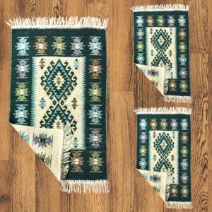 1+2 Covoare traditionale, dimensiunea 1 buc 180x280cm+ 2 buc 60X90cm, Verde si crem, model ROMB