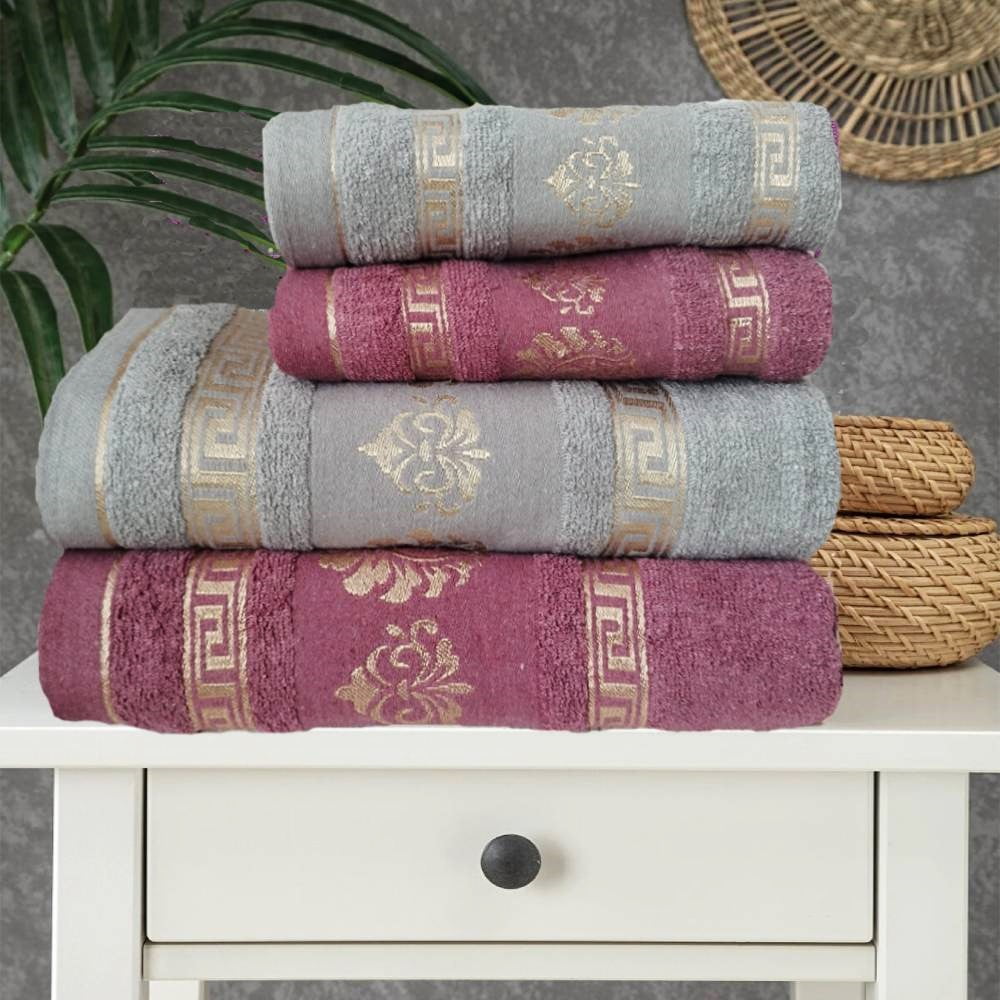 Set 4 prosoape baie, bumbac 100%, dimensiune 2 x 50x90cm+ 2 x 70x140cm Rose Royal Collection marsala & grey