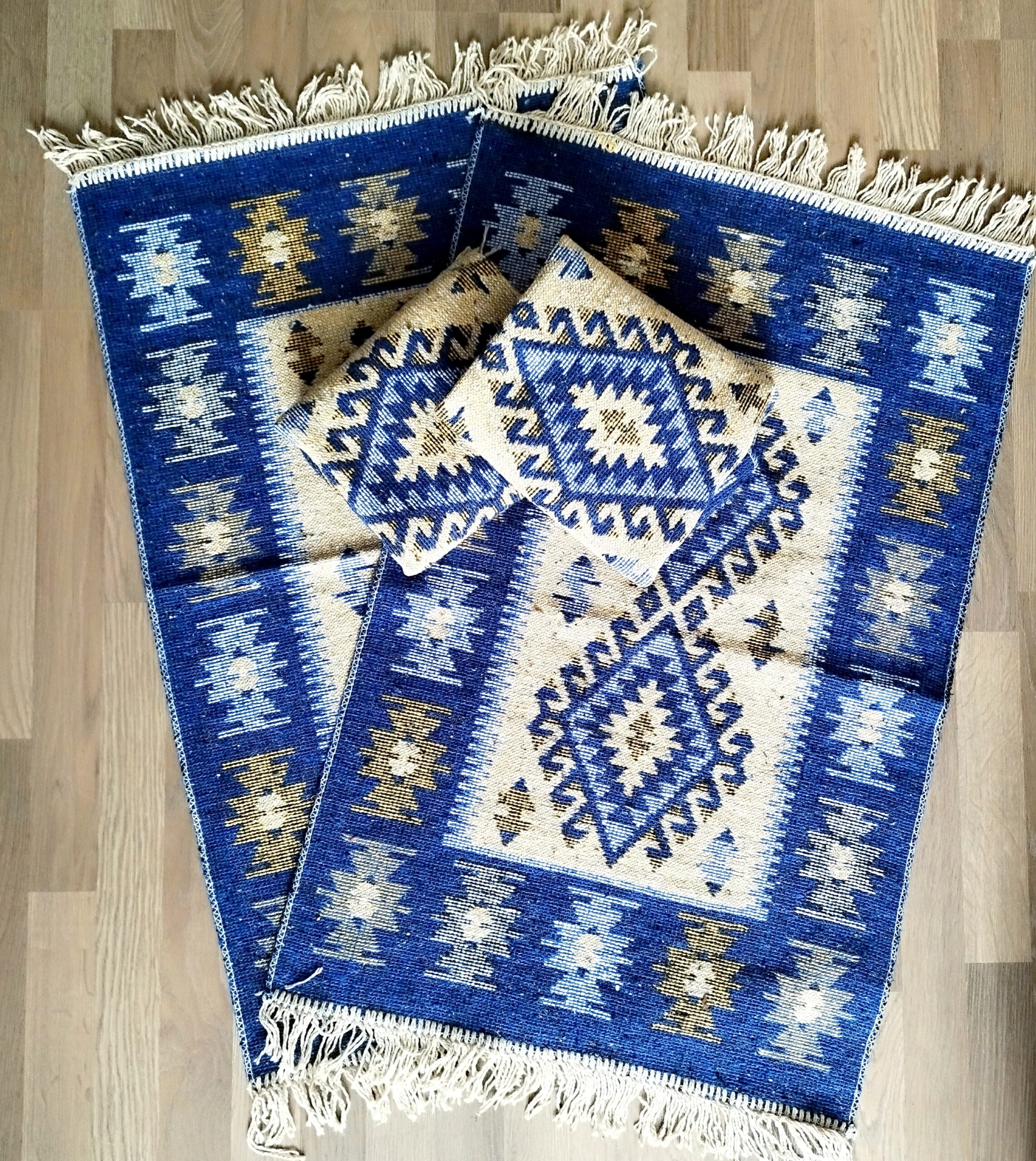 set 4 Covoare traditionale tesute, cu doua fete, dimensiunea 60x90cm, Albastru, model ROMB - imagine 3